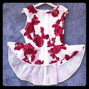 See through embroidery top, cream and red